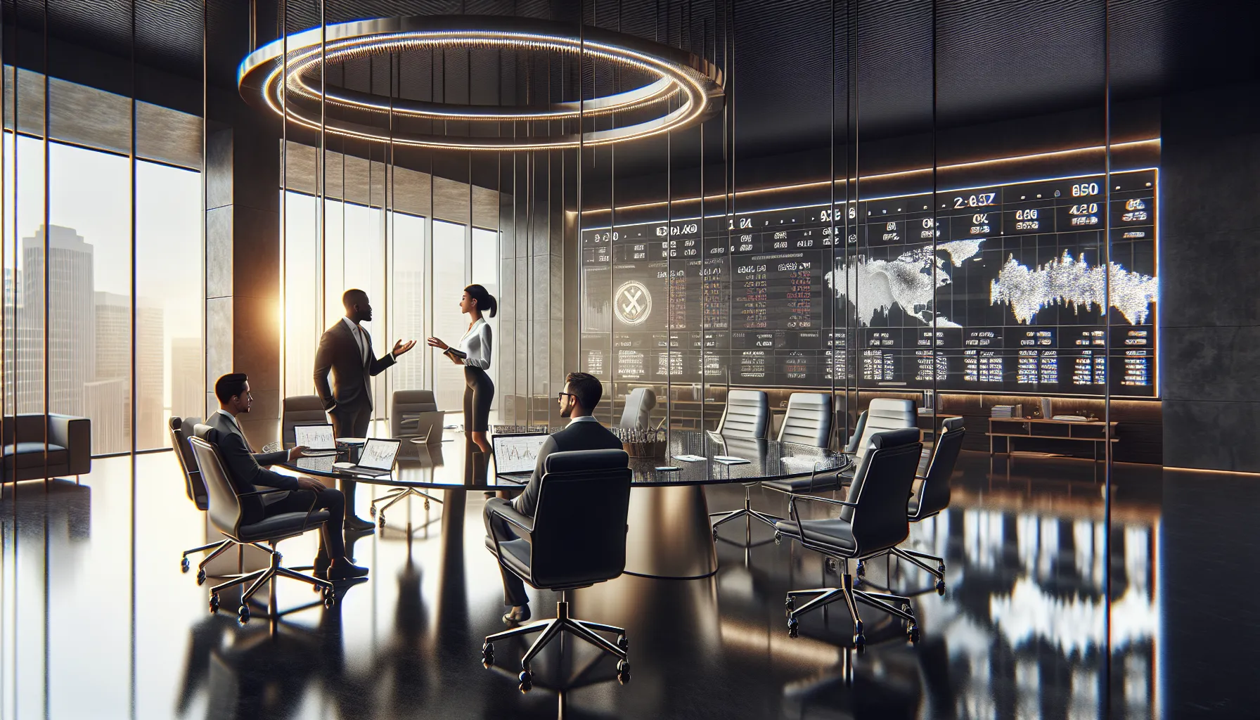 diverse professionals discussing cryptocurrency in a modern office.