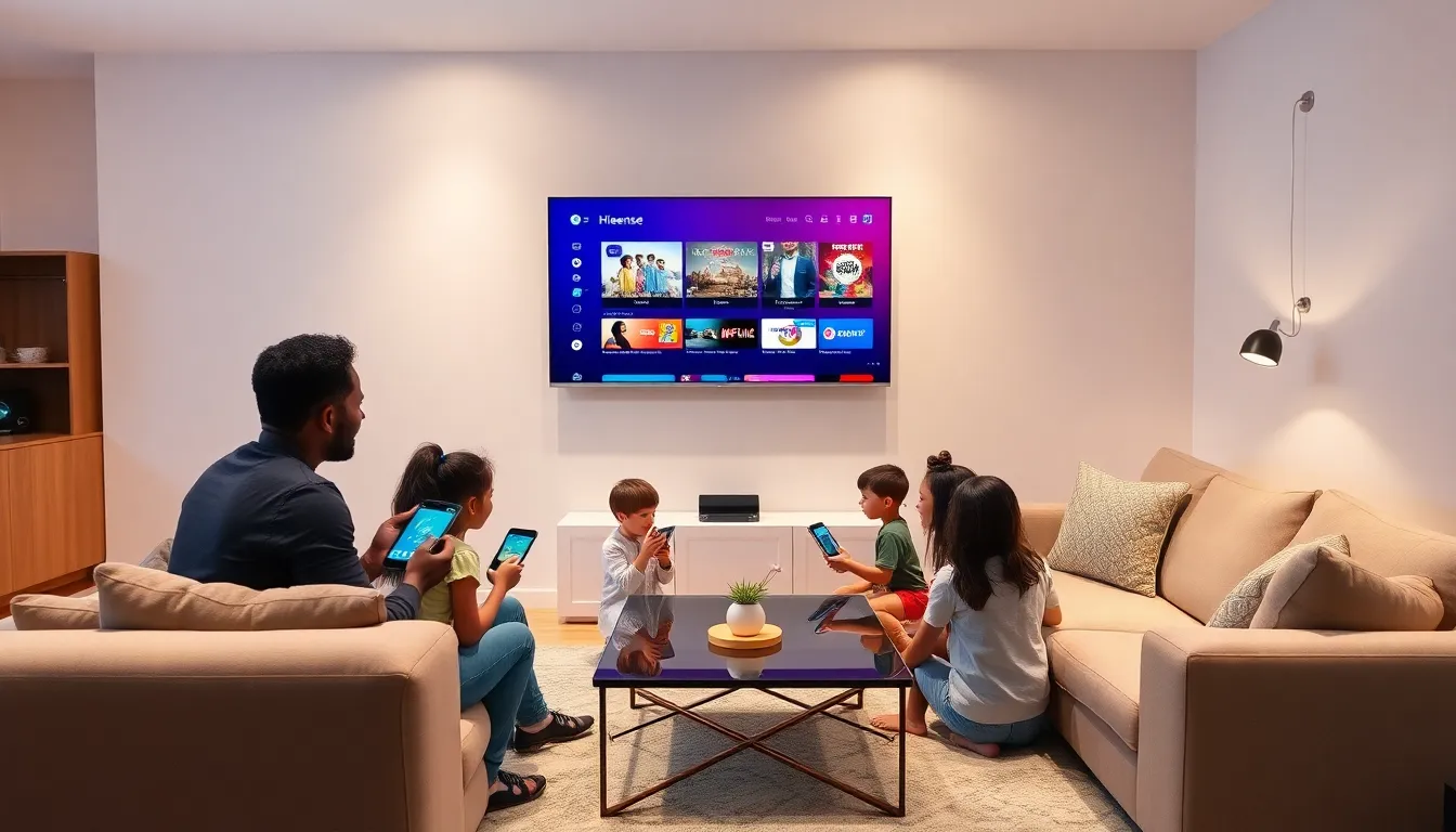 diverse family enjoying a movie night with a Hisense Smart TV.