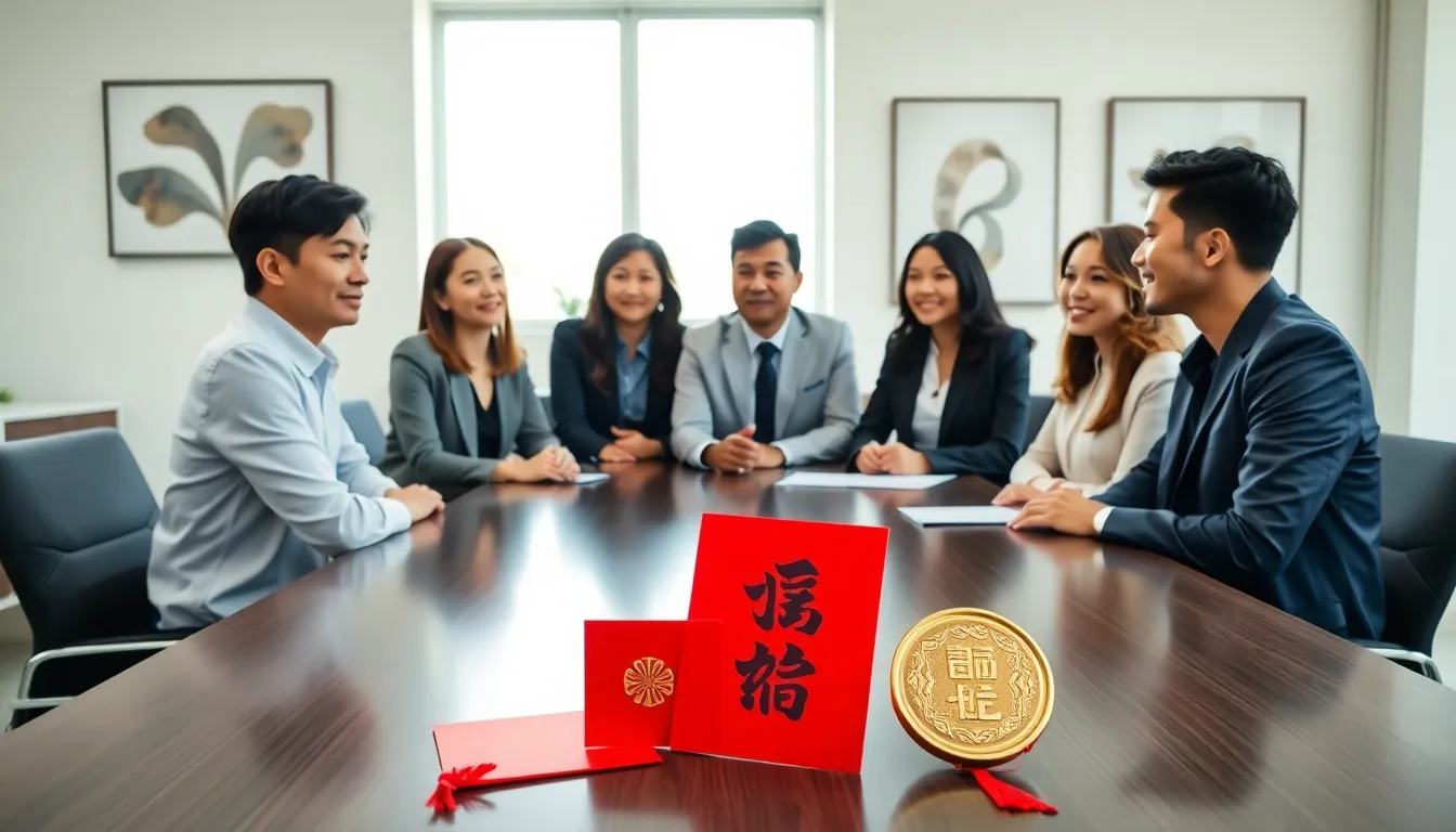 diverse professionals discussing Chinese luck symbols in a modern office.