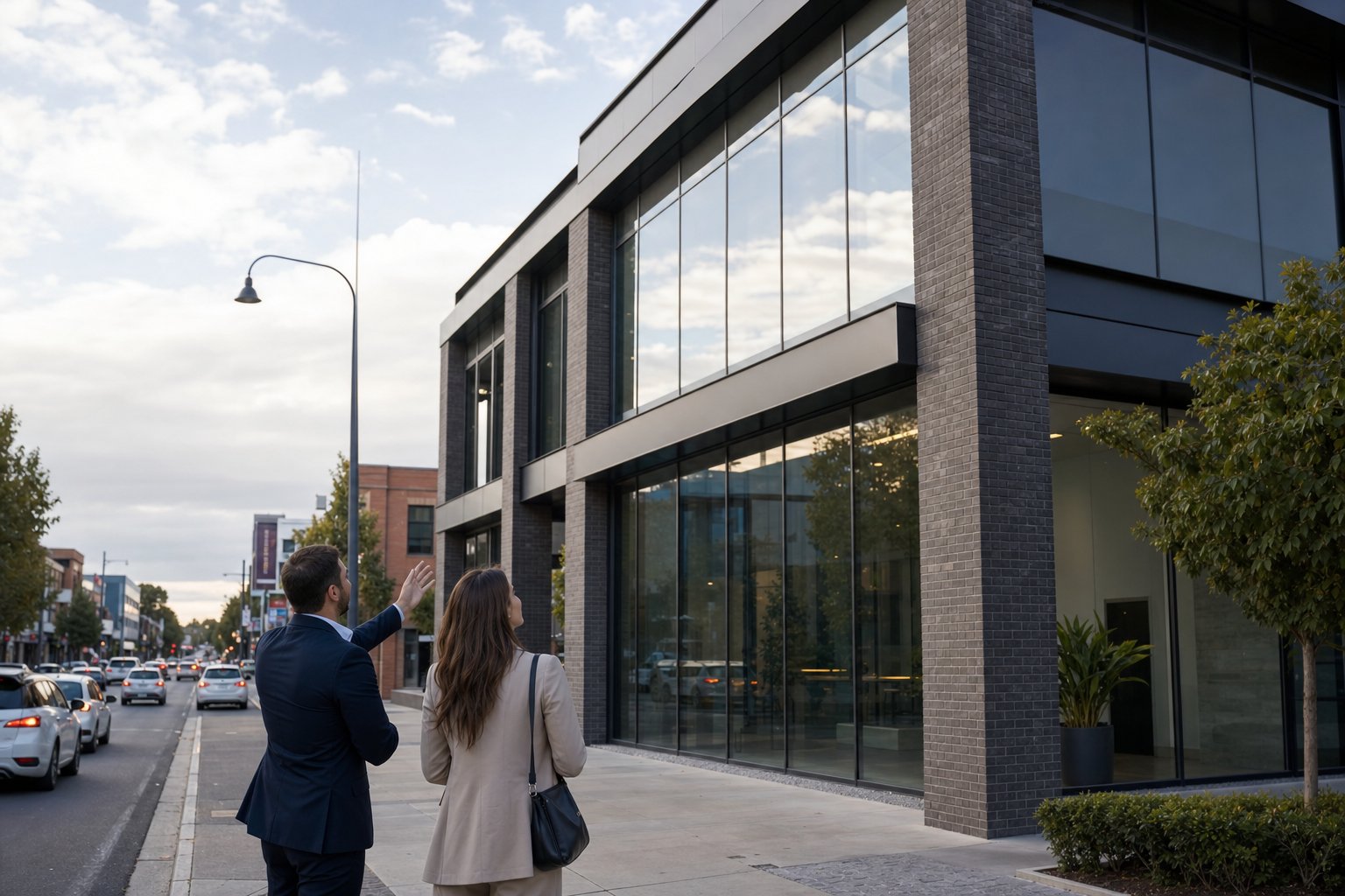 Adviser and client discussing a commercial building outside on a street in Sale during daylight.