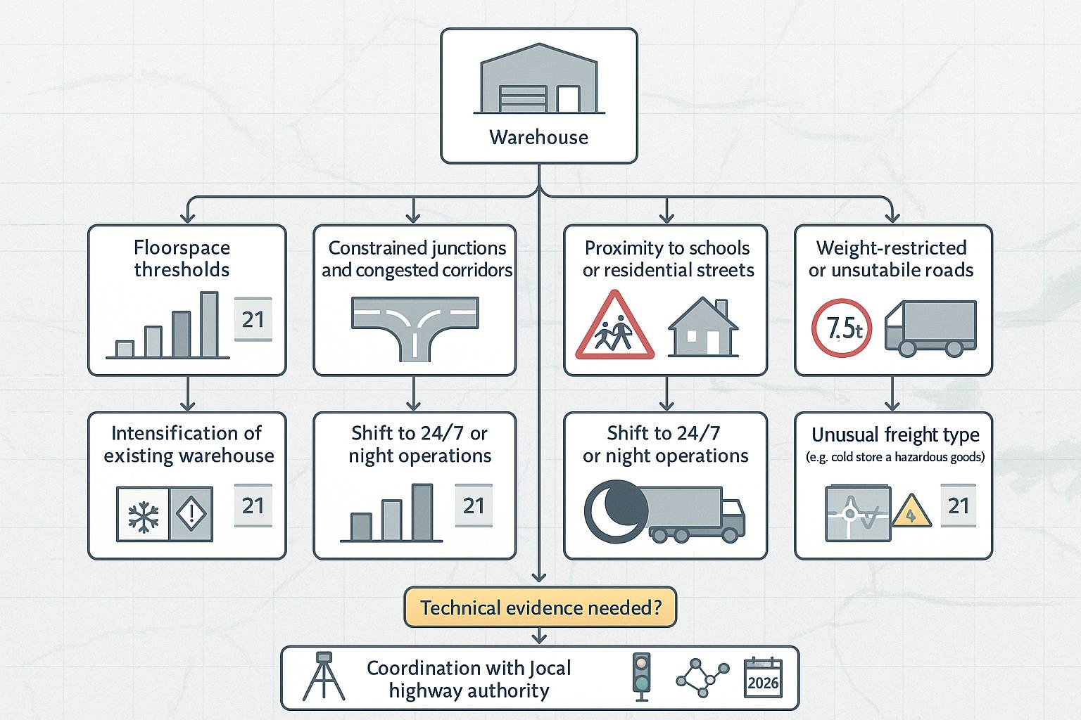 Decision-tree infographic of warehouse transport assessment triggers in the United Kingdom.
