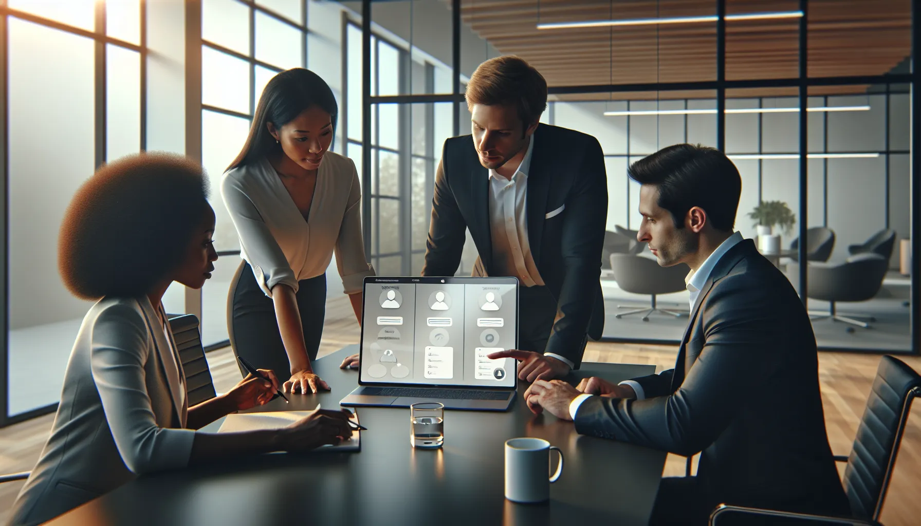 diverse team collaborating over digital contact management tool.