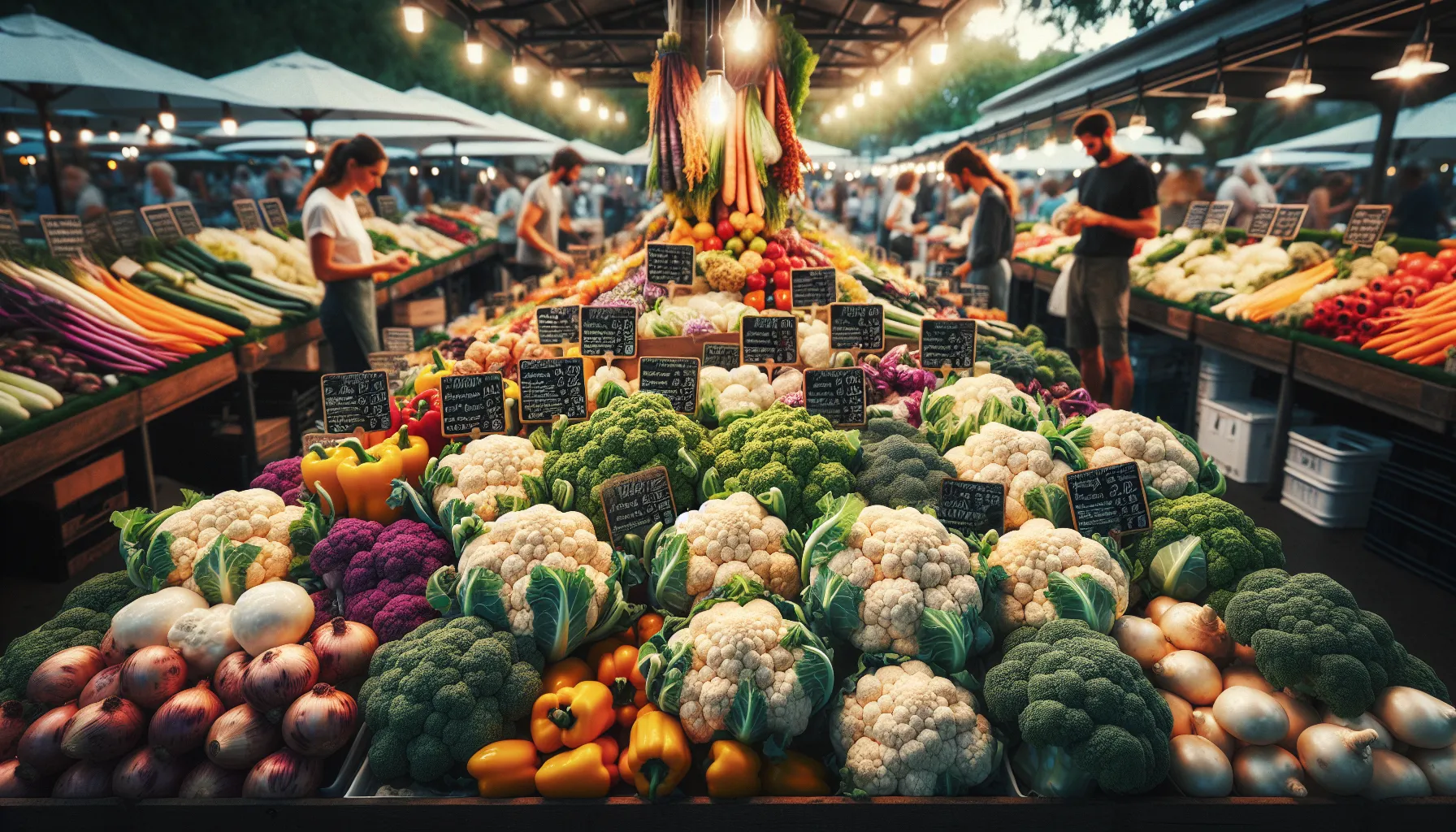 A farmer's market stall displaying fresh cauliflower and broccoli.
