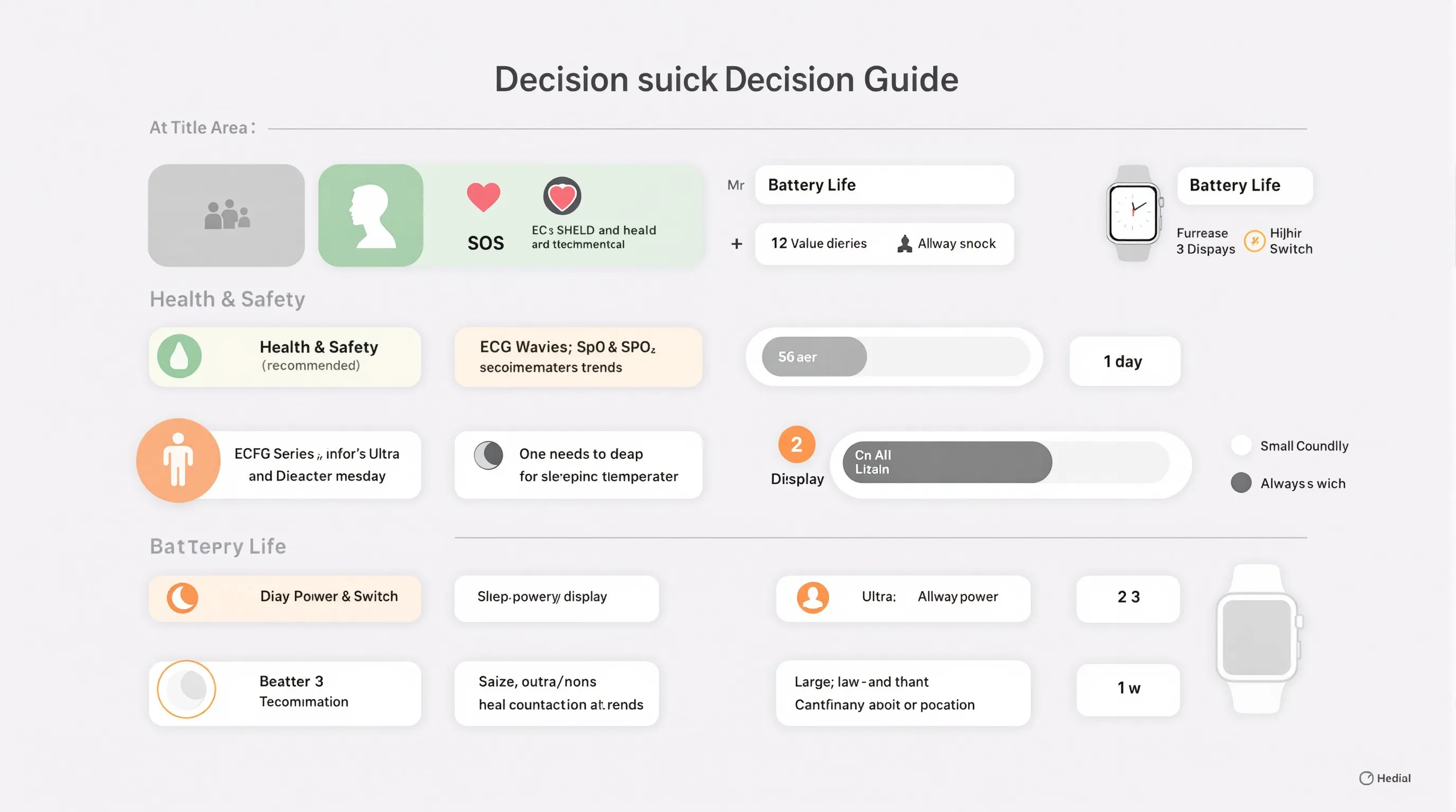 Decision infographic for Apple Watch features, battery, size, LTE, and compatibility.