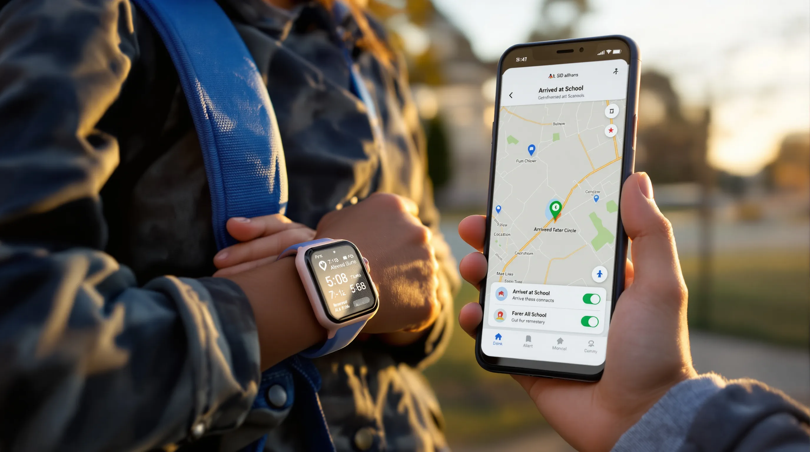 Child wears GPS tracker watch as parent checks geofence alert at pickup.
