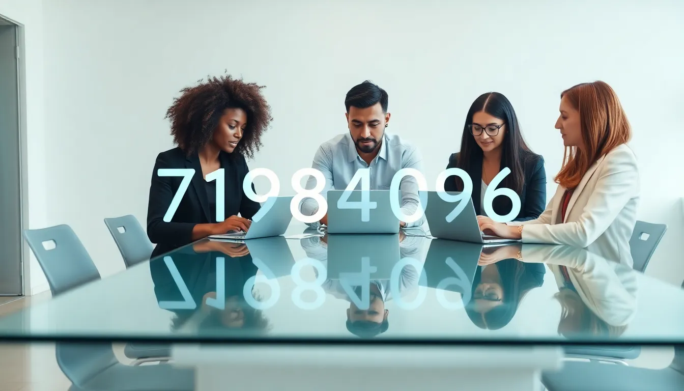 professionals discussing a numerical display in a modern office.