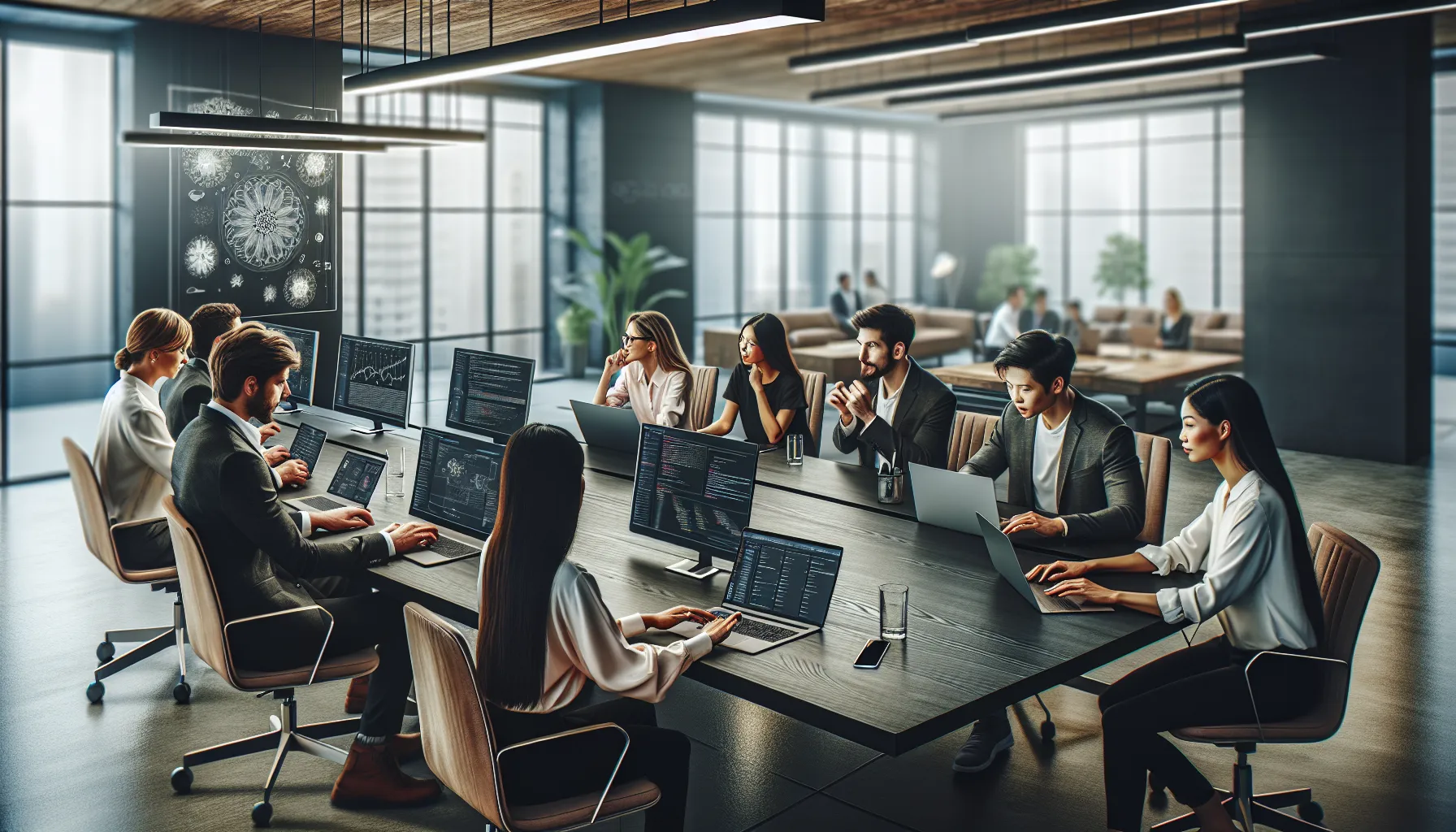 diverse team collaborating on software troubleshooting solutions in a modern office.