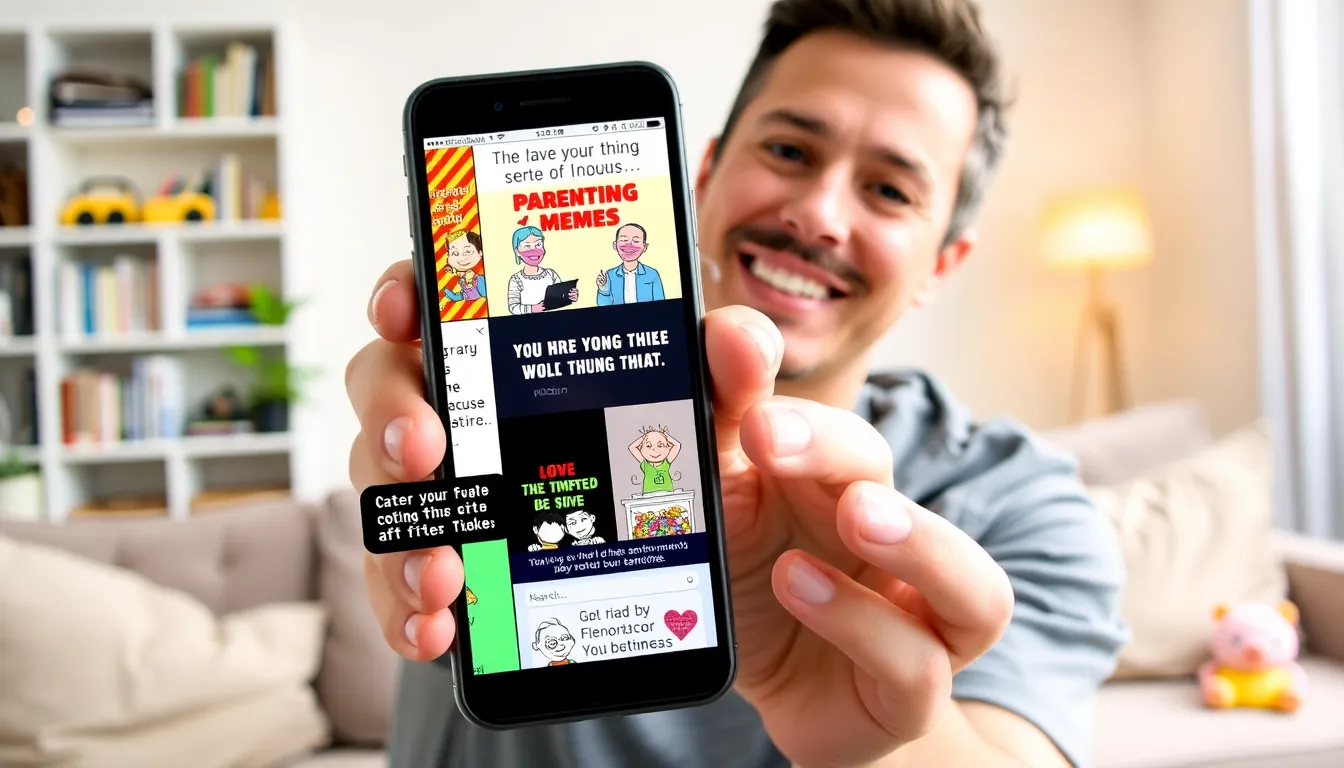 parent sharing funny parenting memes on a smartphone in a cozy living room.