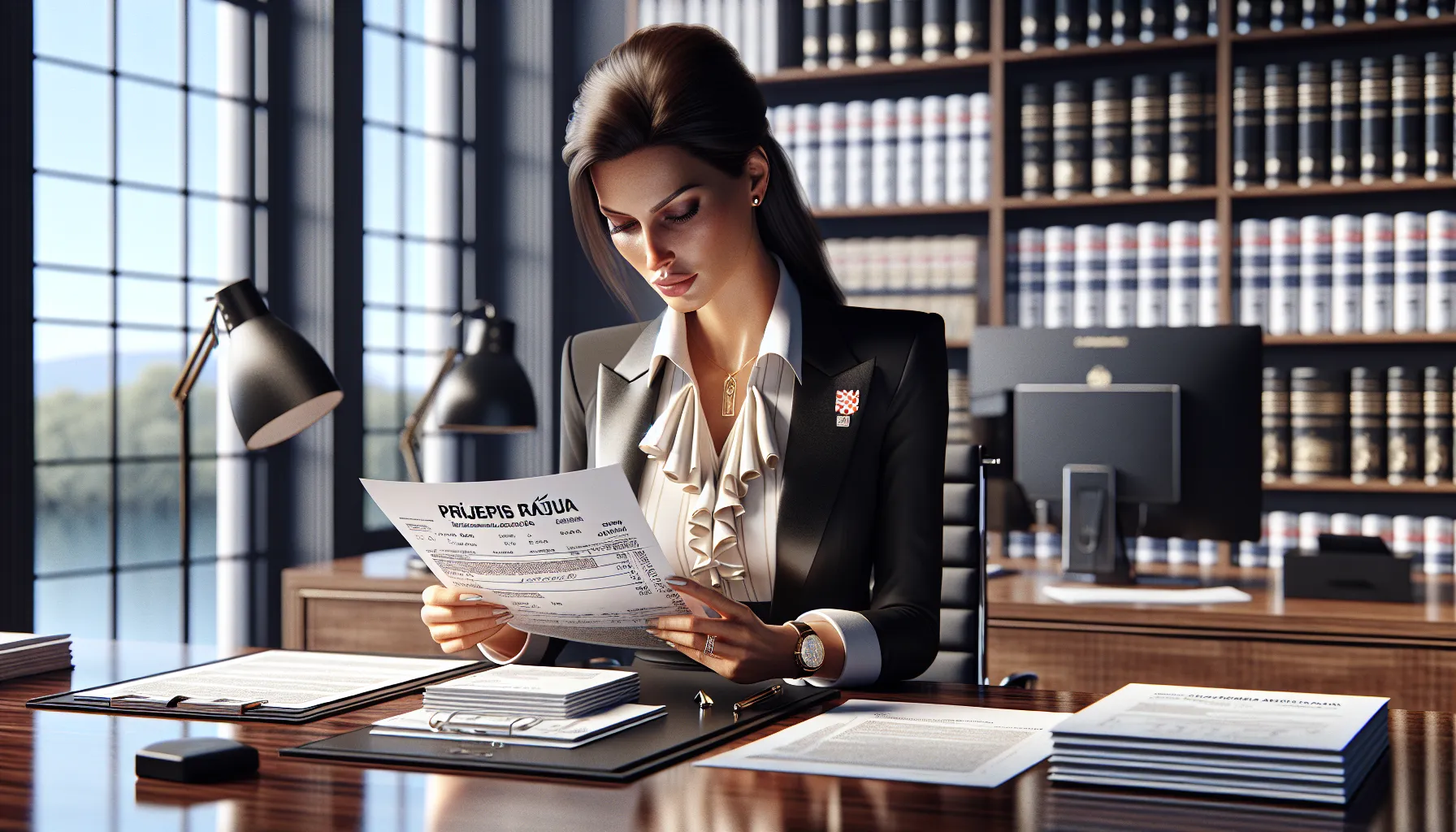 Croatian business professional reviewing official invoice copy at modern office desk