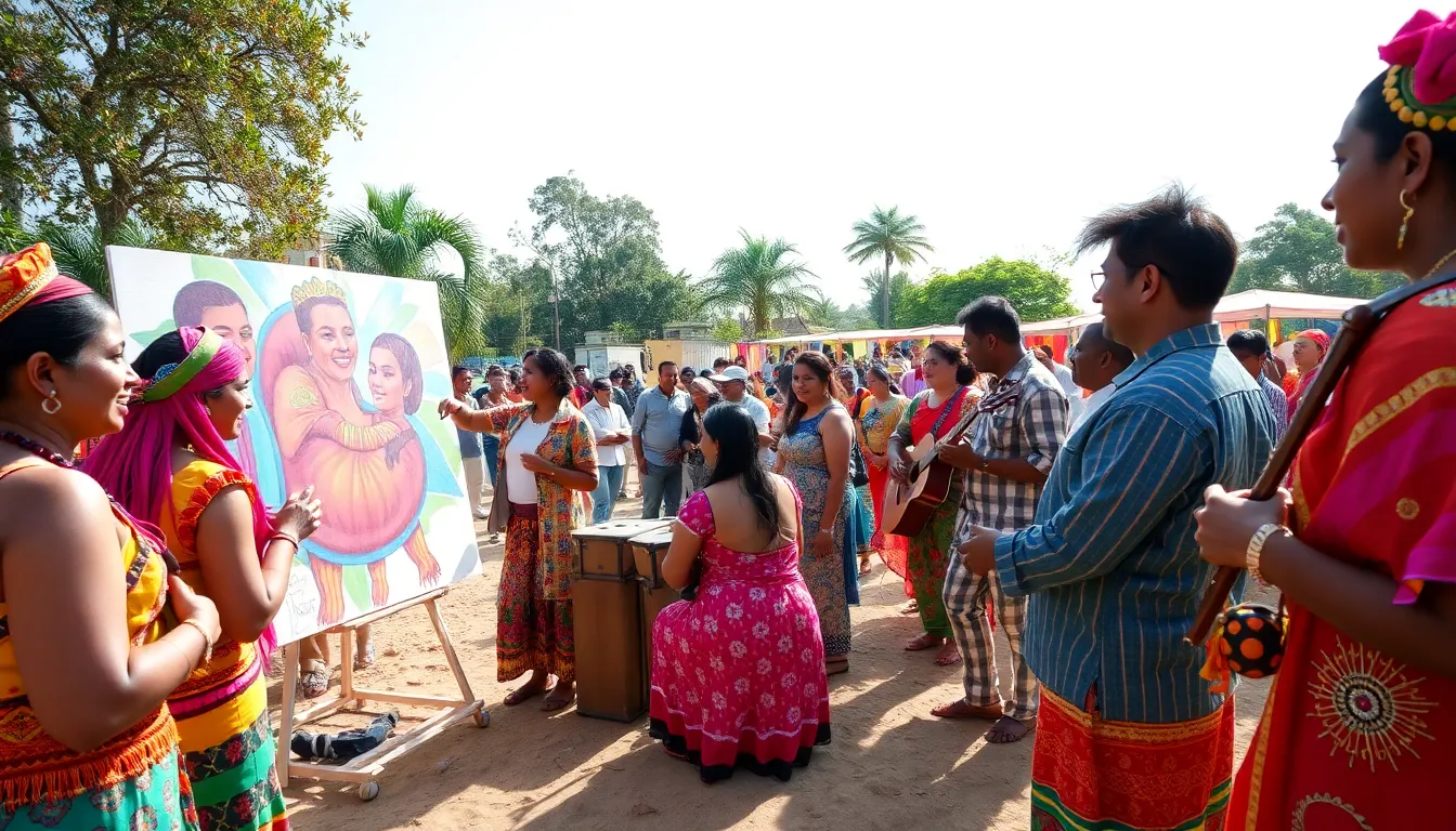 diverse group celebrating Jettagambee with art and music outdoors.