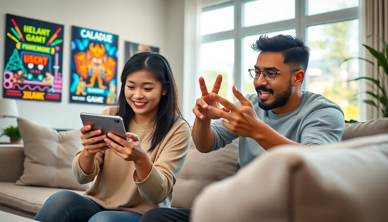 two gamers enjoying CaladriusAPK20192 in a modern living room.
