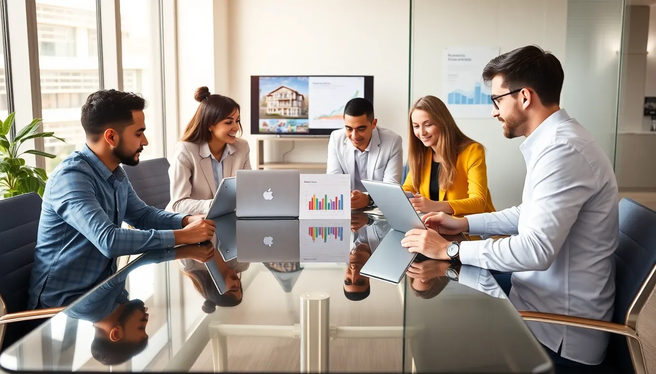 diverse real estate team collaborating in a modern office.