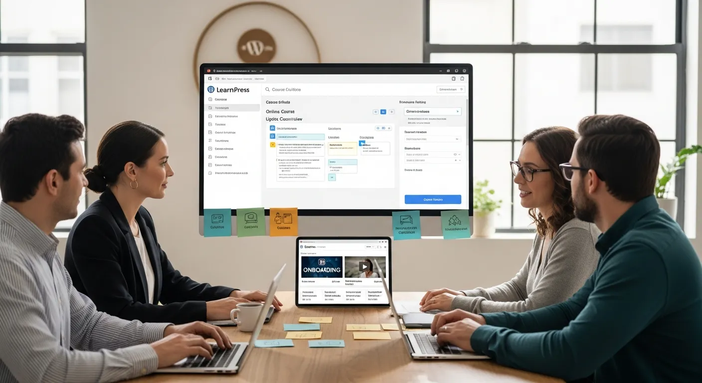 Professionals review a free WordPress LMS course builder on a modern office screen.