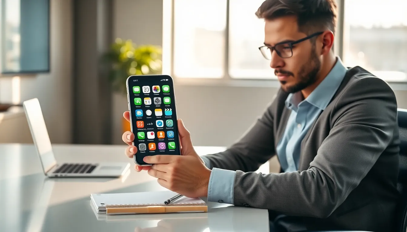 professional refreshing apps on an iPhone in a modern office.