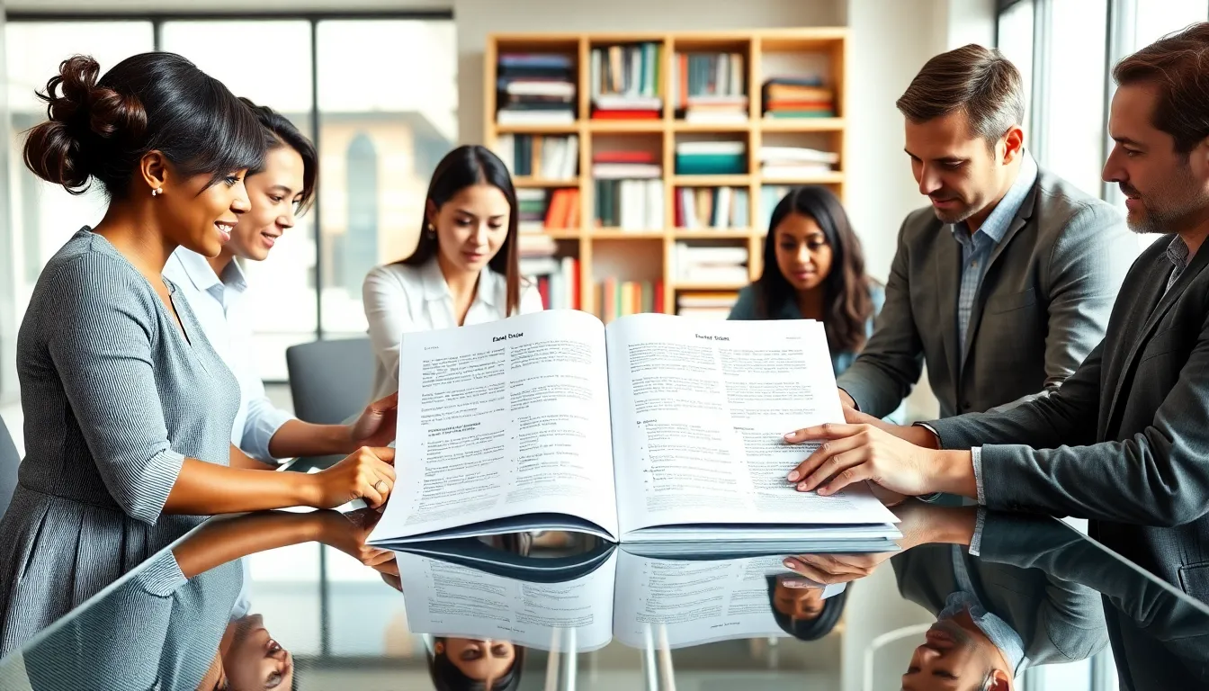 diverse team reviewing an editorial style guide in a modern office.