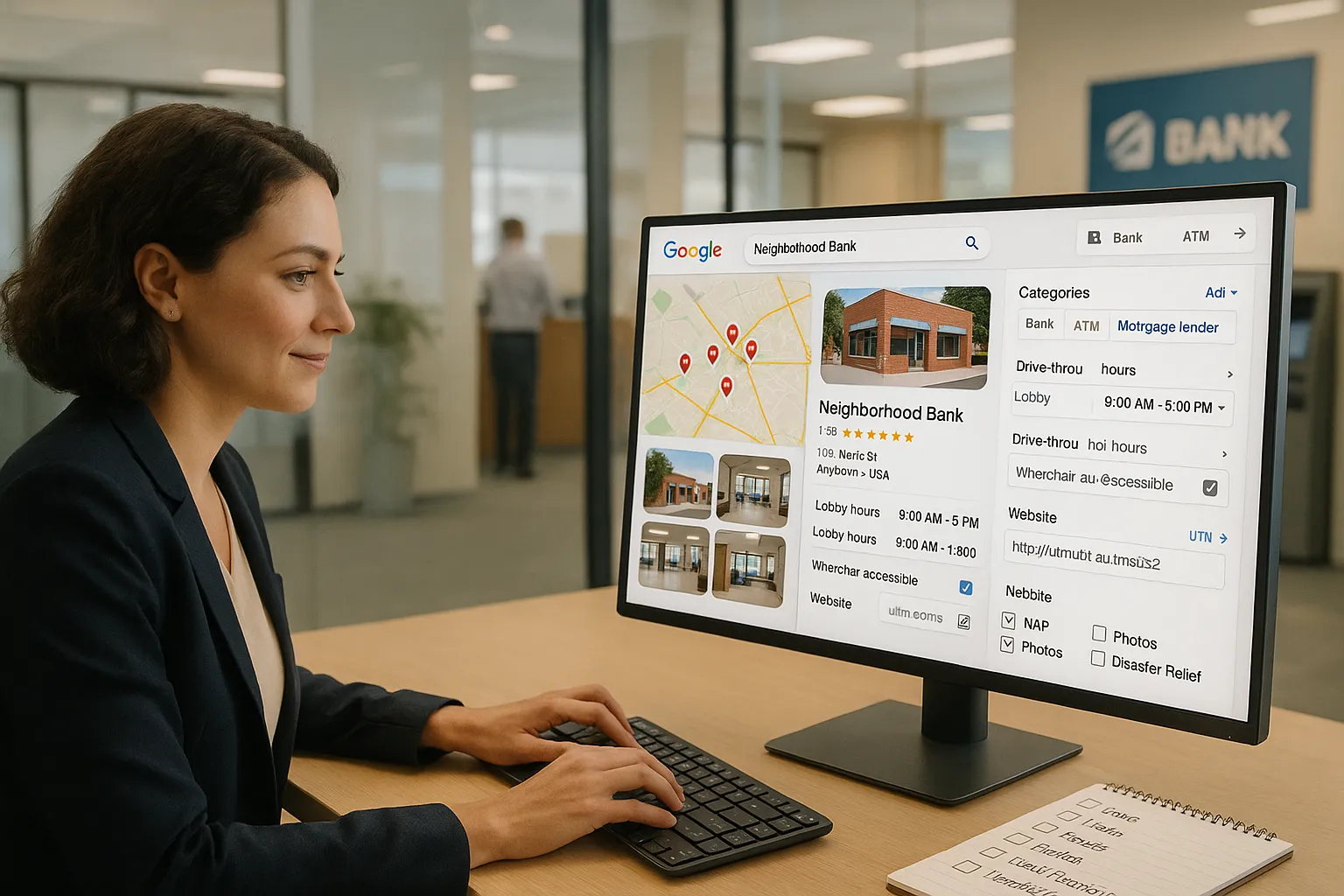 Marketer optimizes a bank branch’s Google Business Profile on a desktop computer.