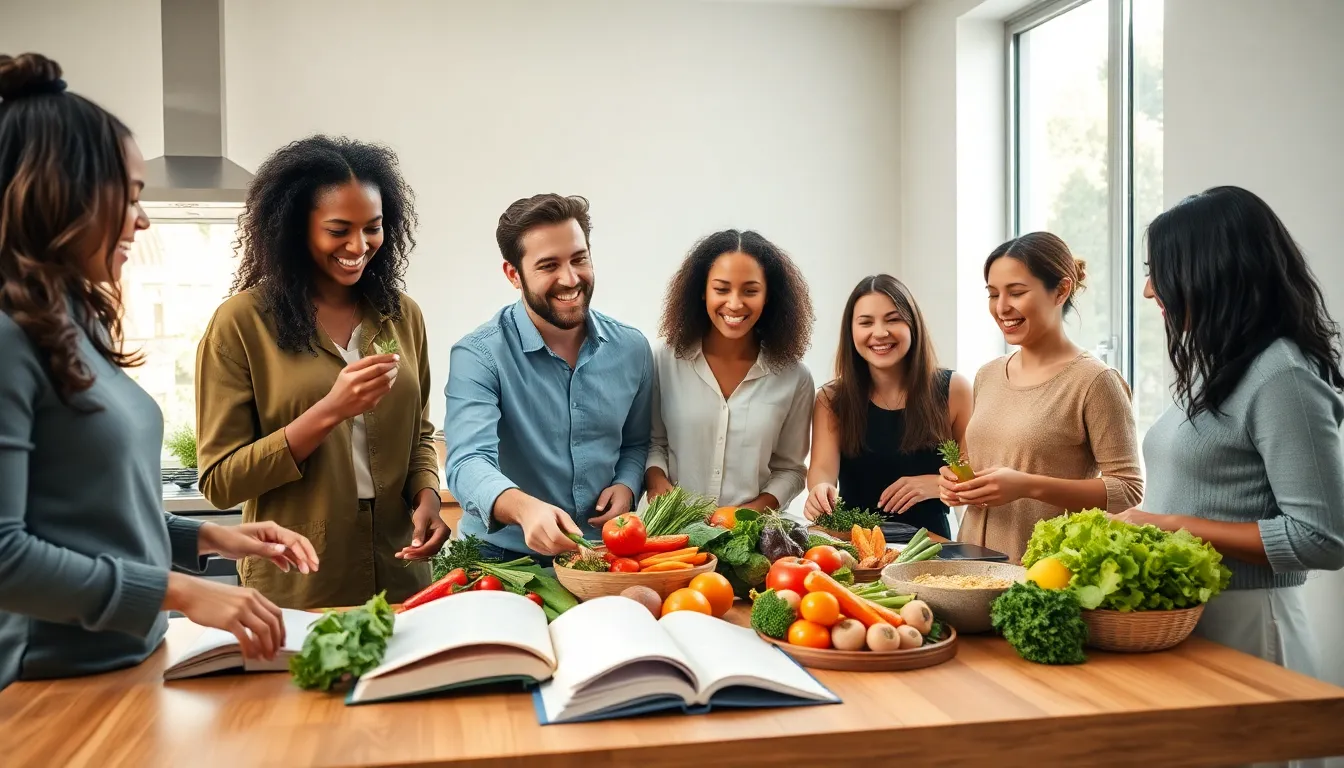 diverse group cooking healthy meals in a modern kitchen.