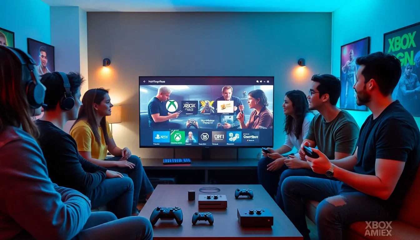 diverse group discussing Xbox gaming trends in a modern lounge.