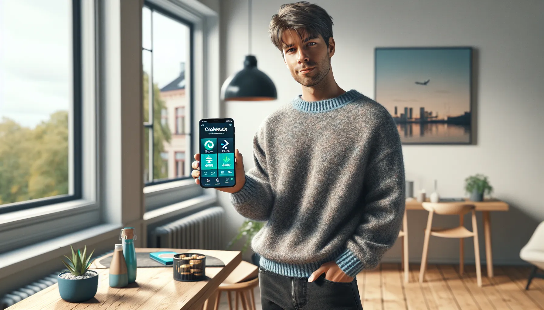 Norwegian adult checking cashback and bonus points on a credit card app at home.