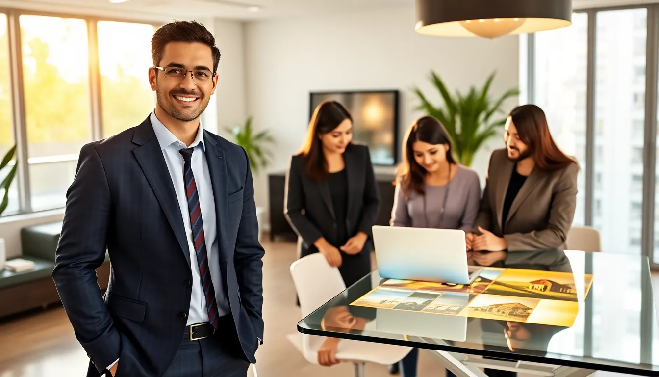 Timothy Homerocketrealty discussing real estate with clients in a modern office.