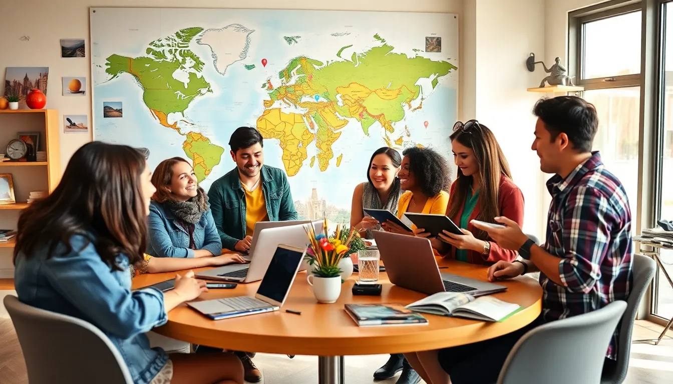 diverse travelers sharing stories in a bright, modern workspace.