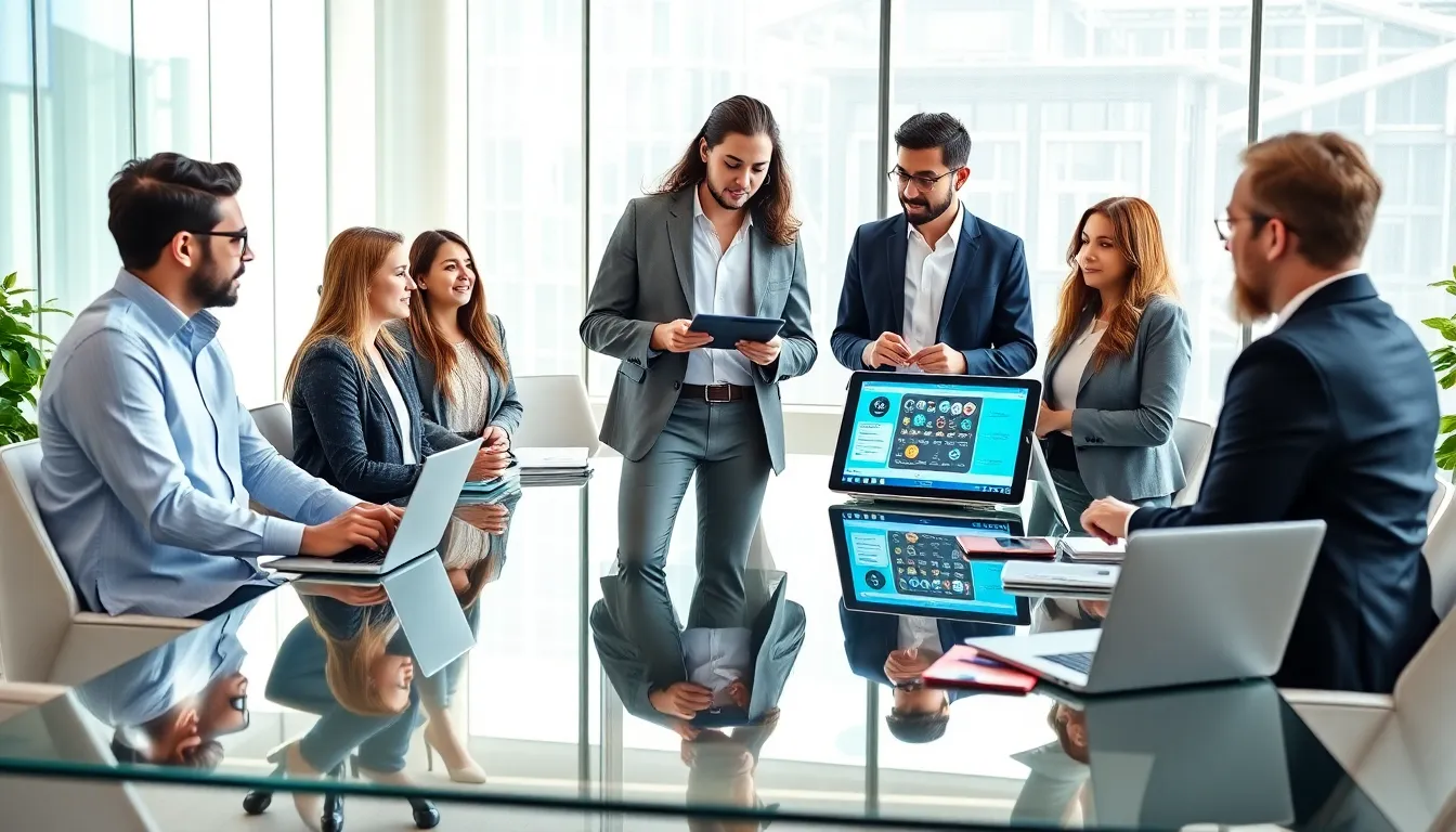 professionals discussing innovative wearable pants in a modern office.