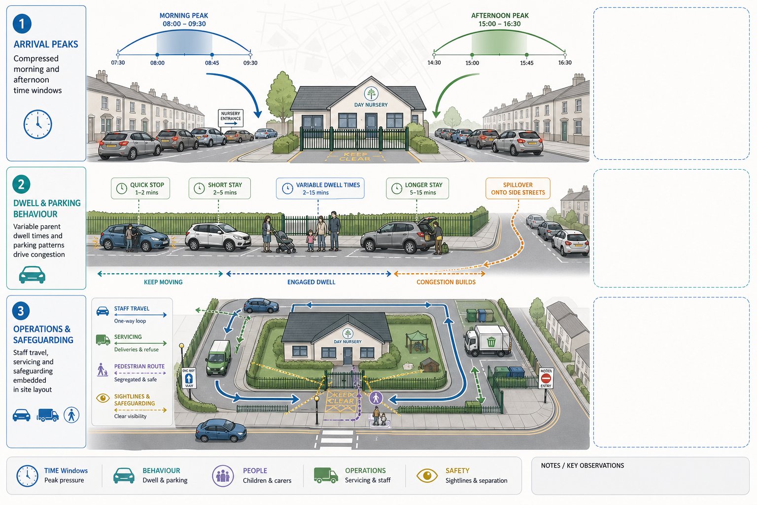 Infographic of day nursery traffic peaks, parking behaviour, servicing, and safety layout.