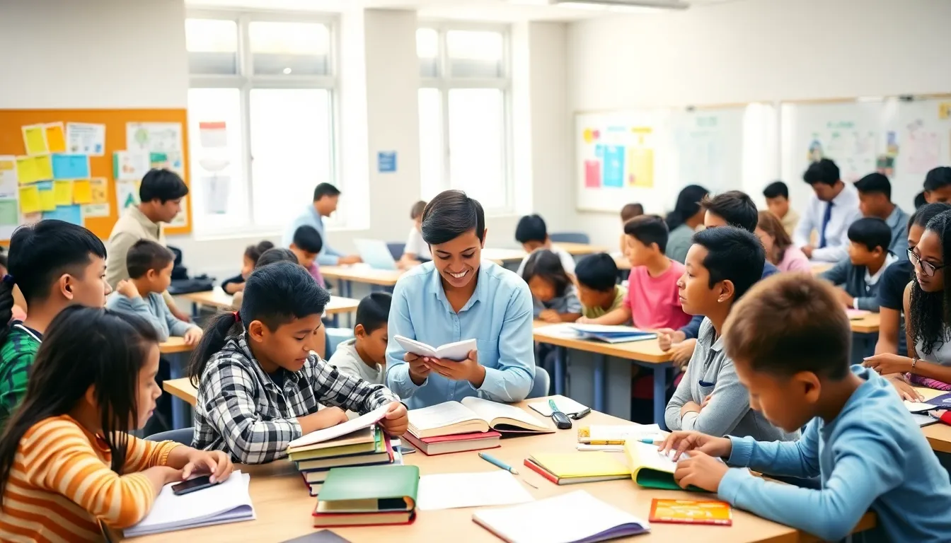 diverse students collaborating in a modern, well-lit classroom.