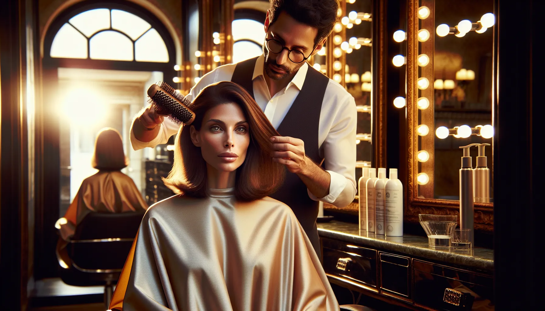 hair stylist applying keratin treatment to woman's hair in a Spanish salon