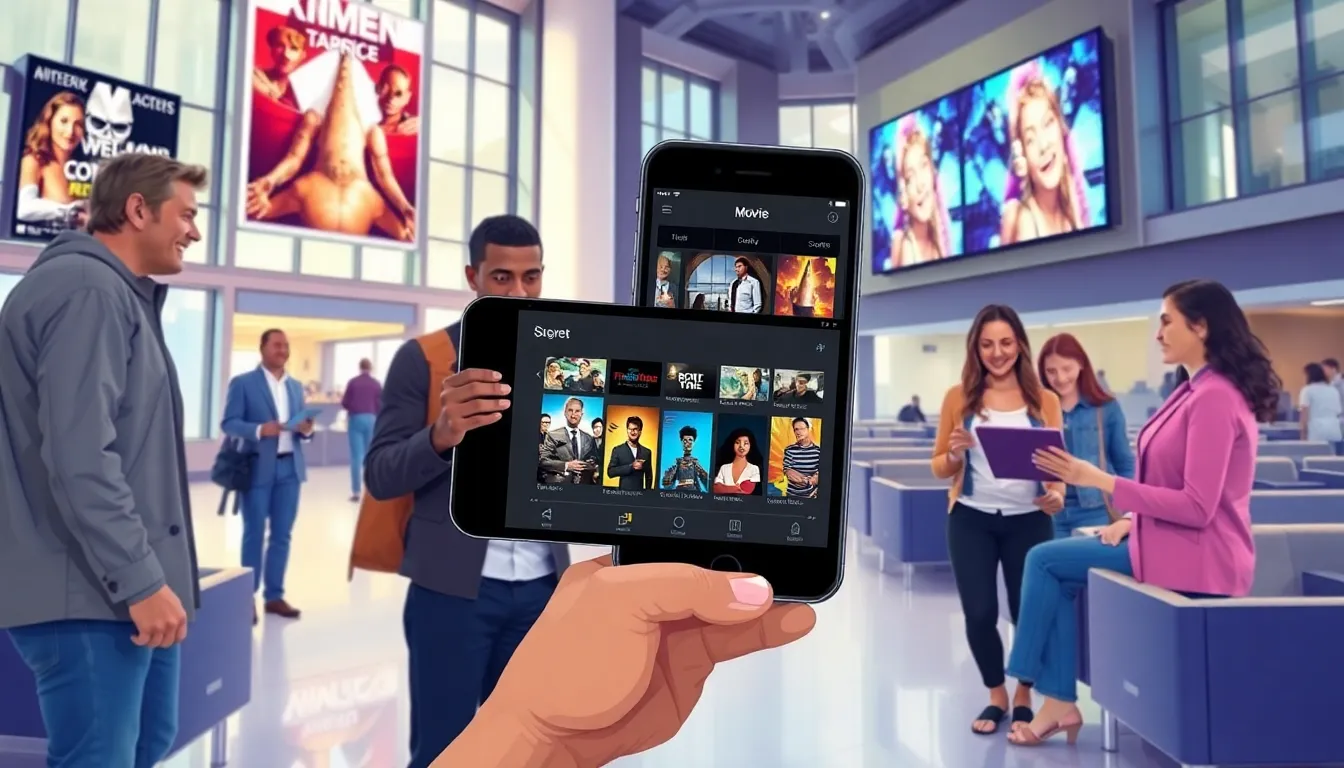 group using a digital movie ticketing solution outside a modern theater.