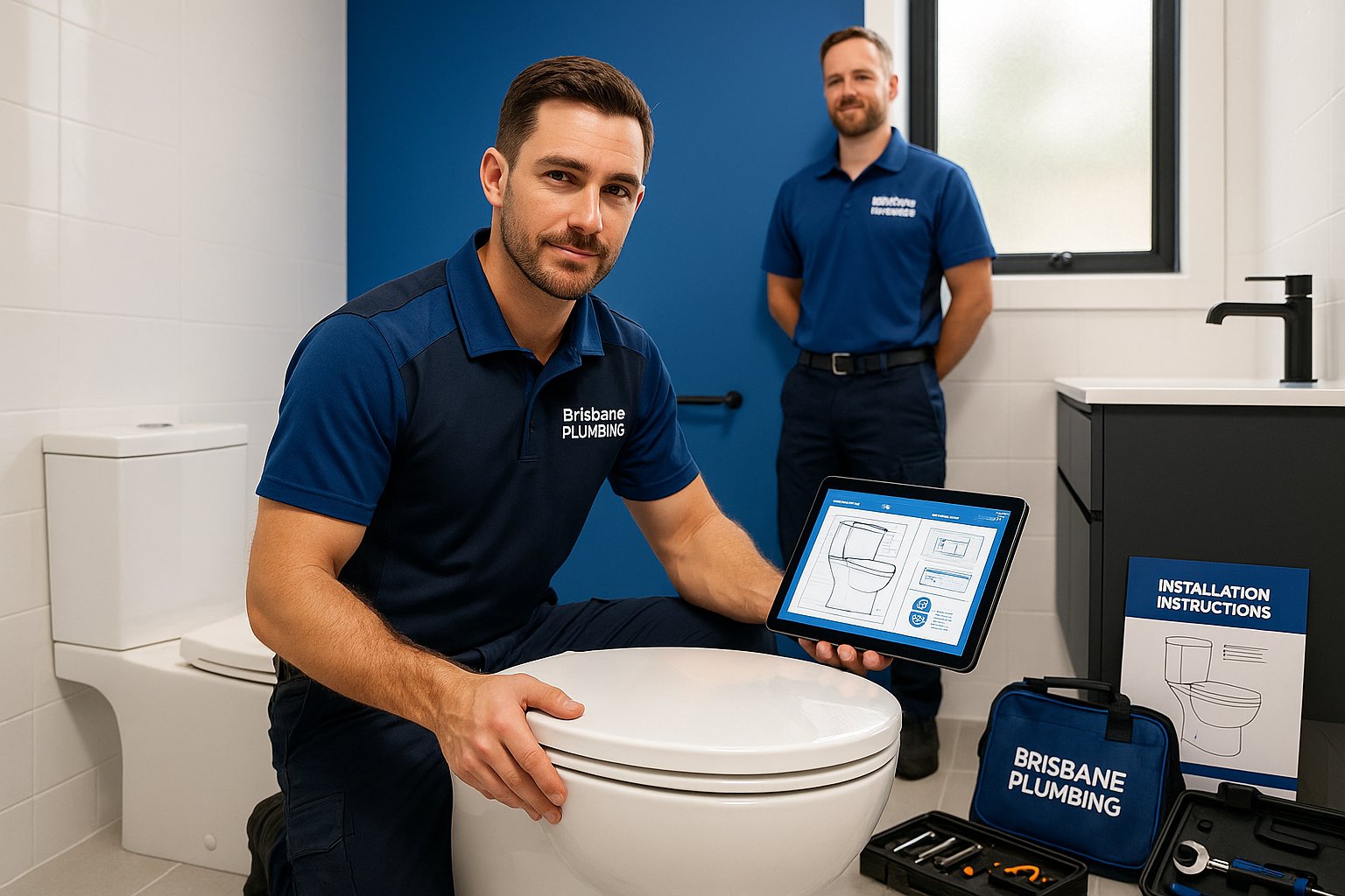 Professional plumber installing a toilet in a modern Brisbane bathroom