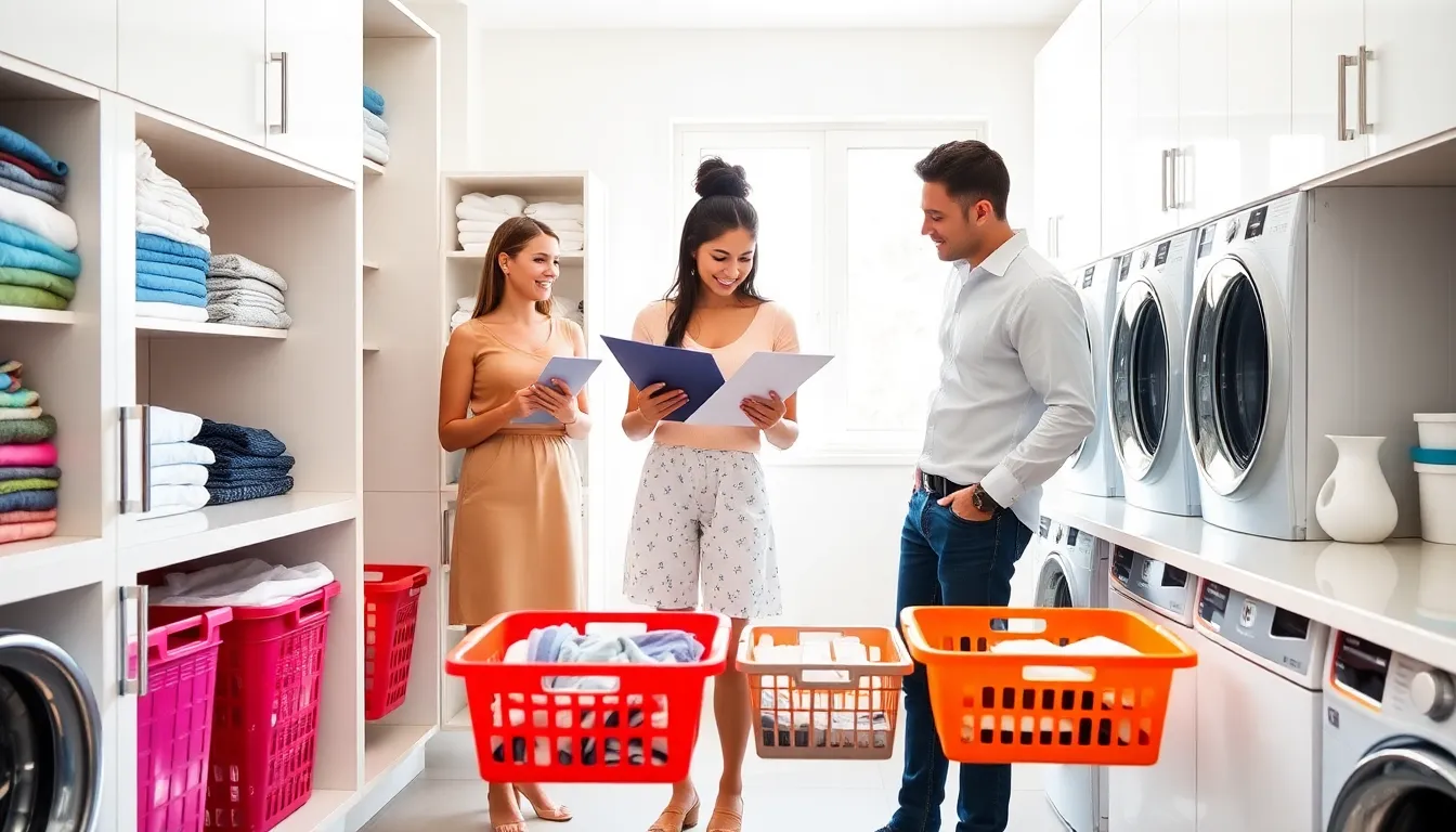 people organizing laundry in a bright, modern laundry room.