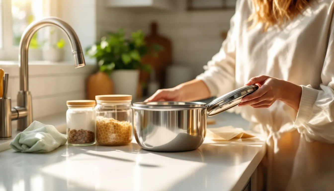 Reusable kitchen items like glass jars and silicone bags on a bright countertop.