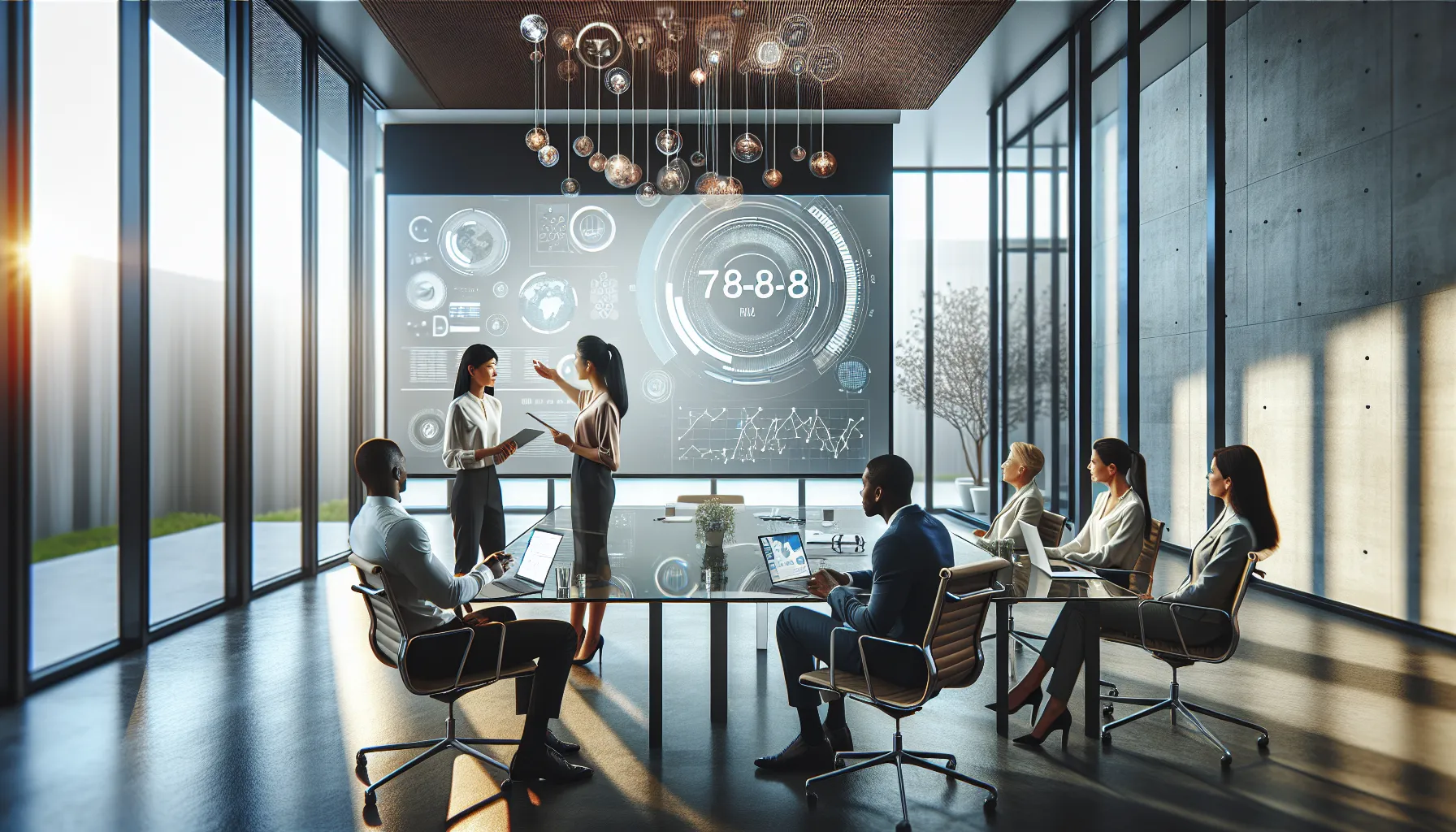 diverse team discussing technology in a modern office.