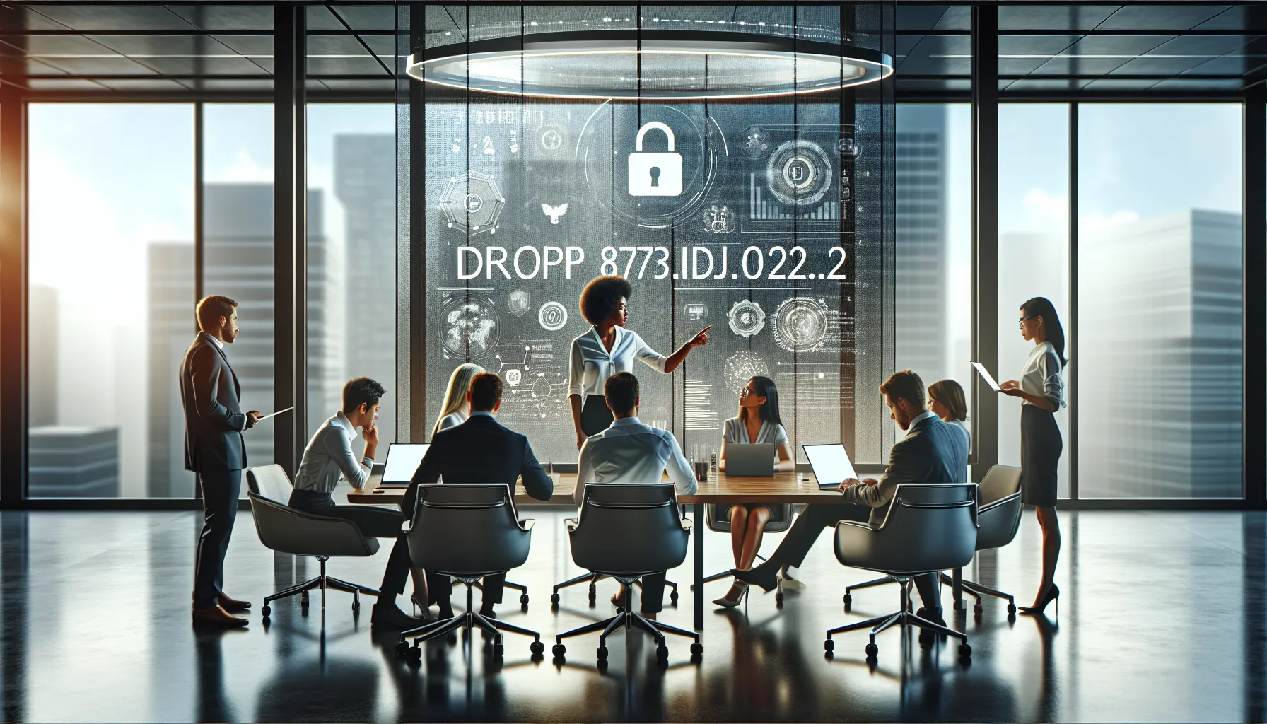 diverse professionals discussing digital message codes in a modern office.