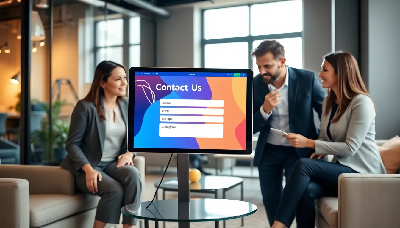 professionals discussing a contact form on a digital device in an office.