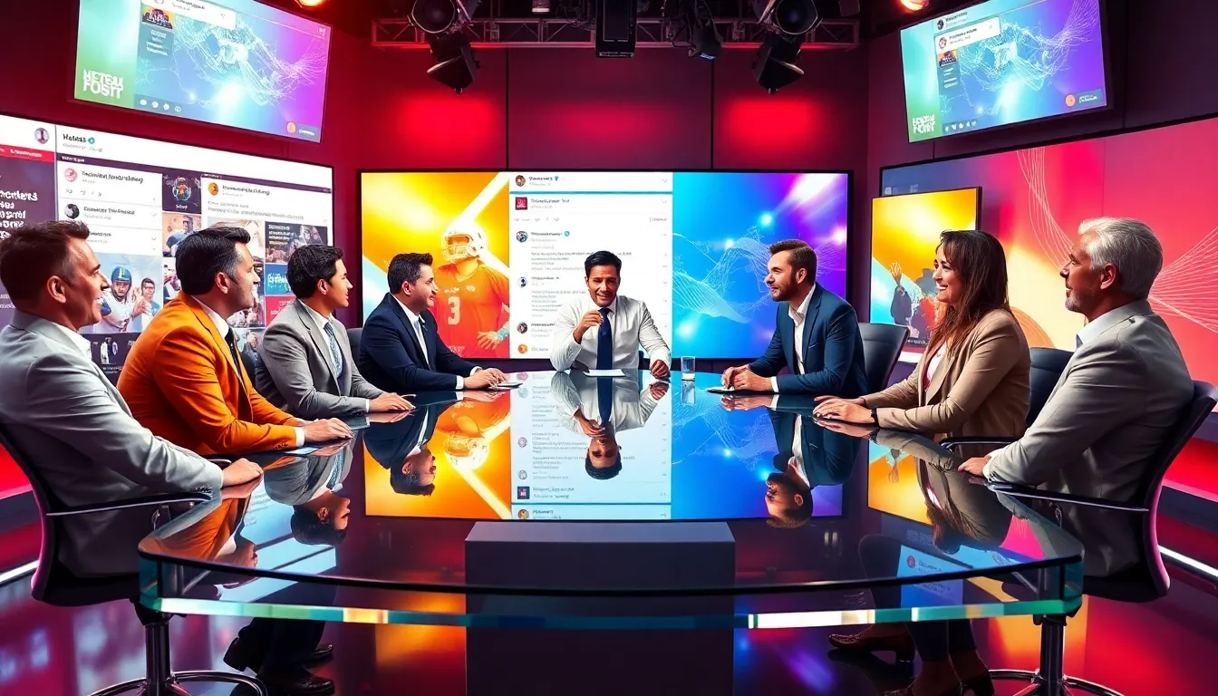 sports commentators engaging in lively discussion in a modern studio.