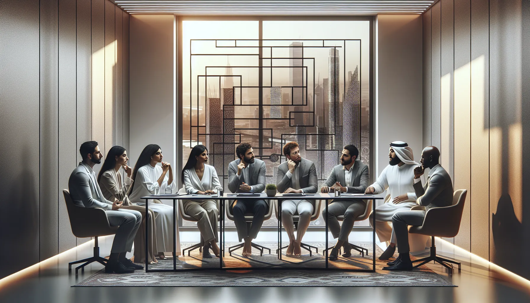 diverse group discussing philosophical concepts at a modern conference table.