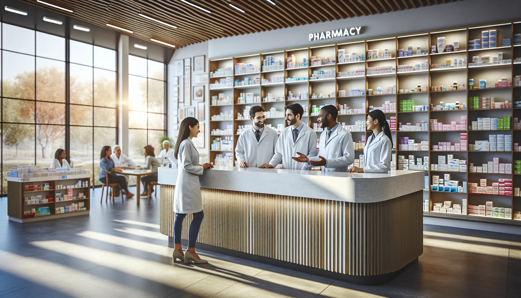 friendly pharmacists assisting a patient in a modern pharmacy.