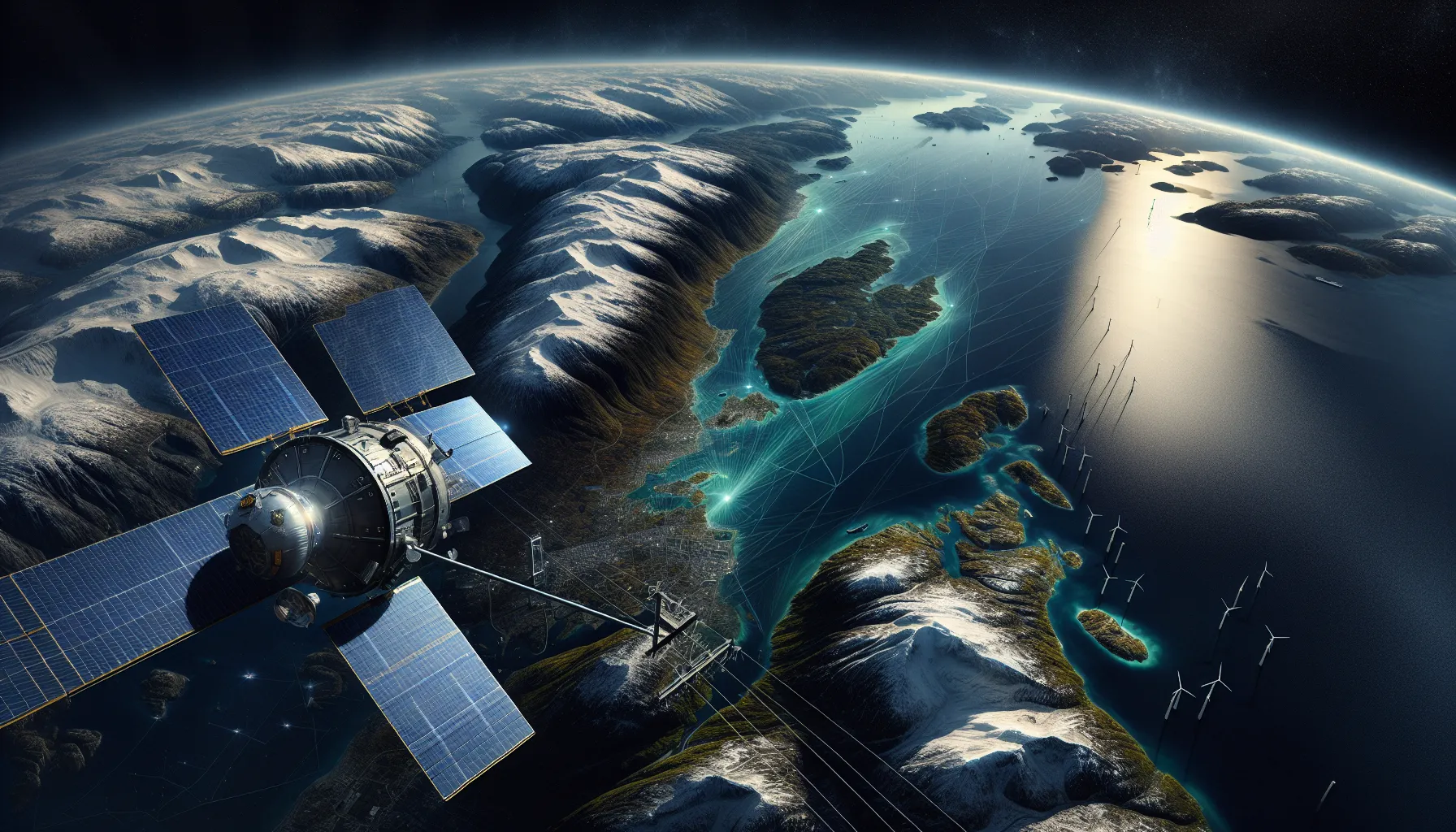 Satellite over norway’s coast monitoring power lines and offshore energy infrastructure.