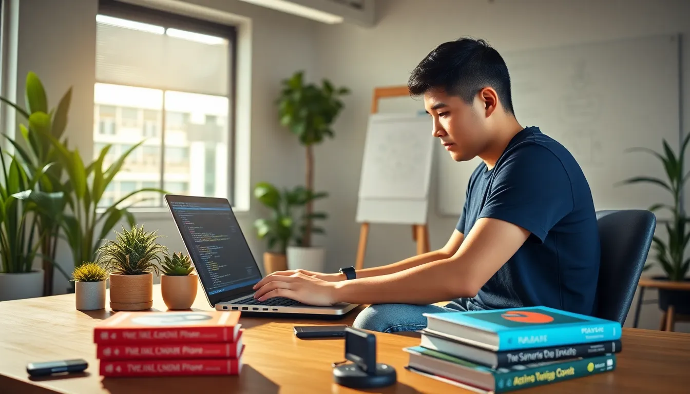 a developer coding with Redwebzine Java in a modern office setting.
