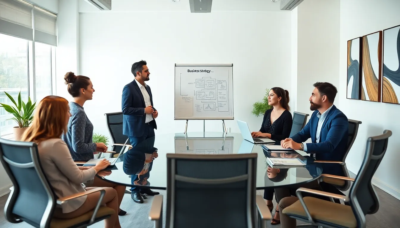 diverse professionals in a modern office engaging in business development coaching.