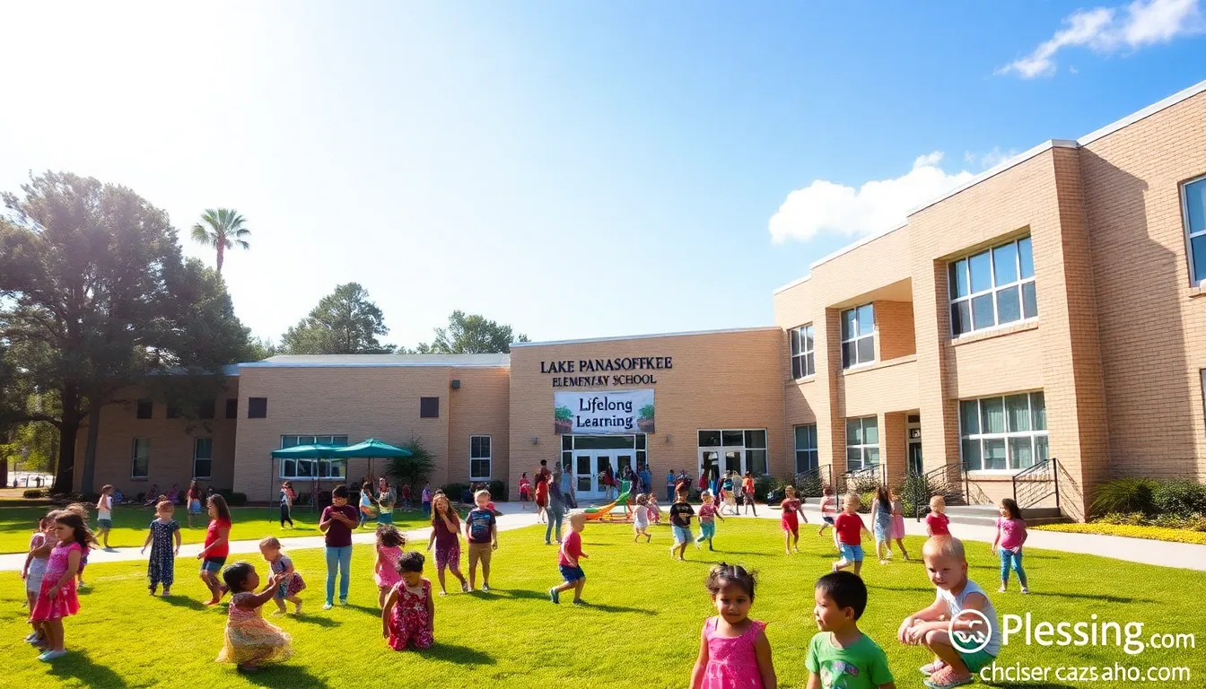 Exterior view of Lake Panasoffkee Elementary School with children playing.