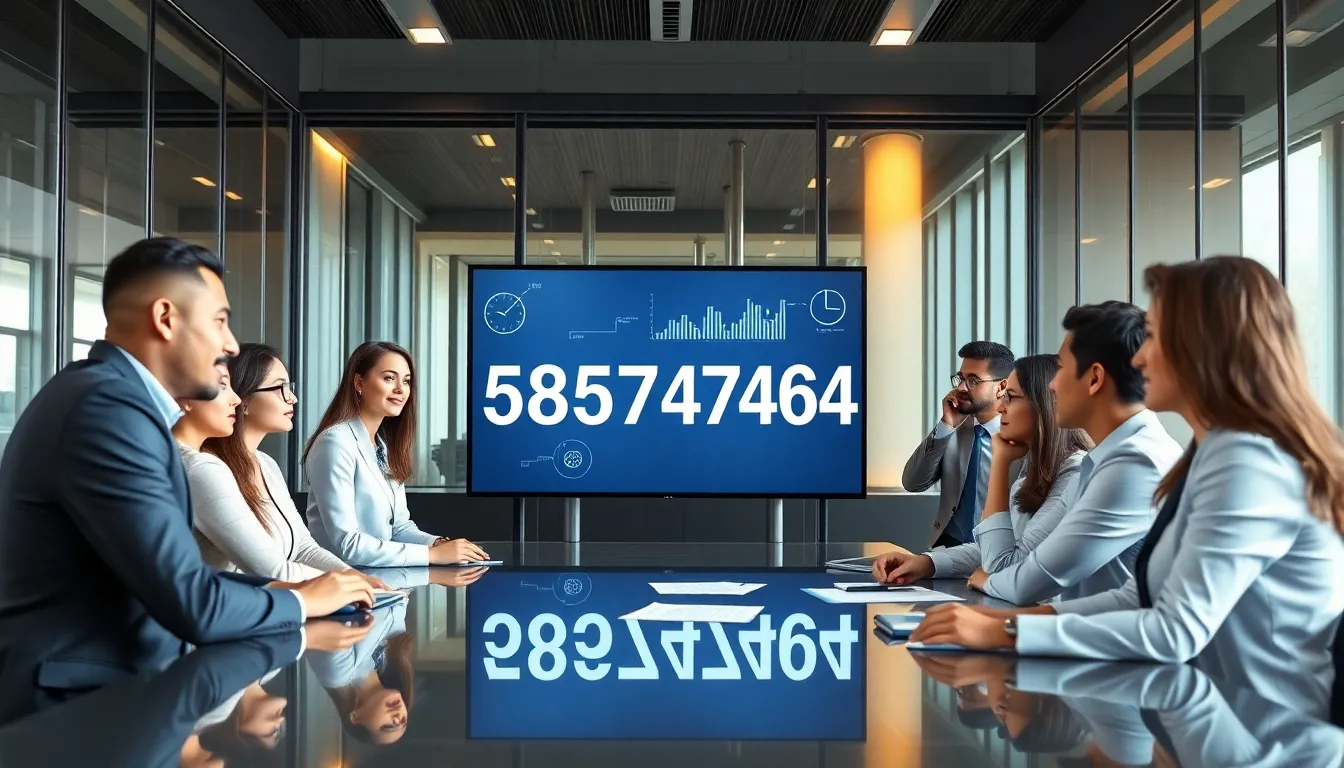 professionals discussing numeric identifiers in a modern office.