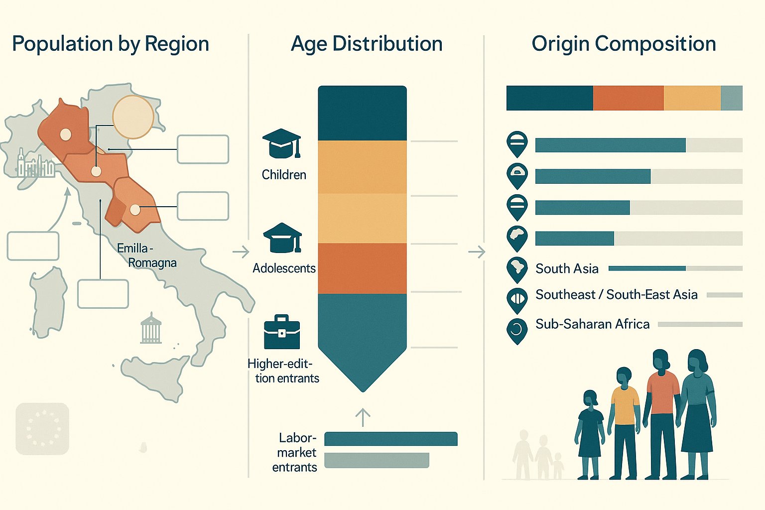 Infografica a tre pannelli che mostra regioni, distribuzione per età e origini delle seconde generazioni in Italia.