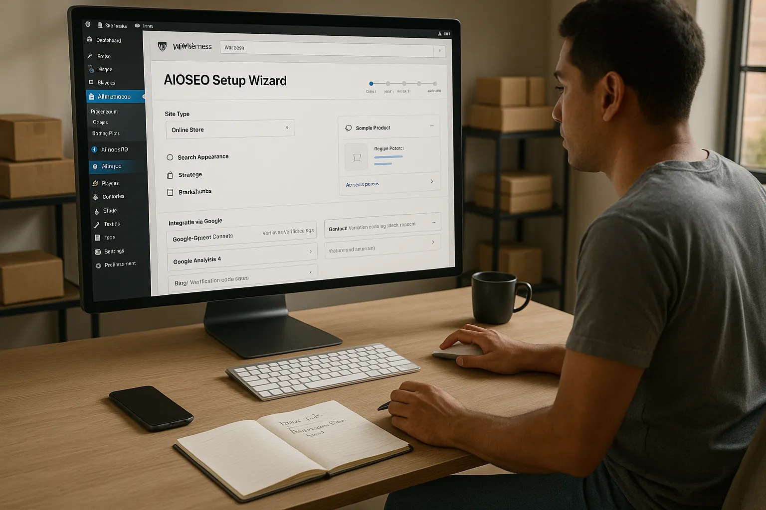 Online store owner configuring All In One SEO for WooCommerce in WordPress.