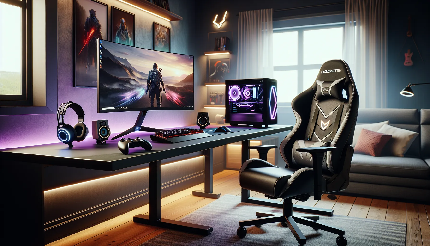 modern gaming setup with a monitor, controller, headset, and gaming chair.