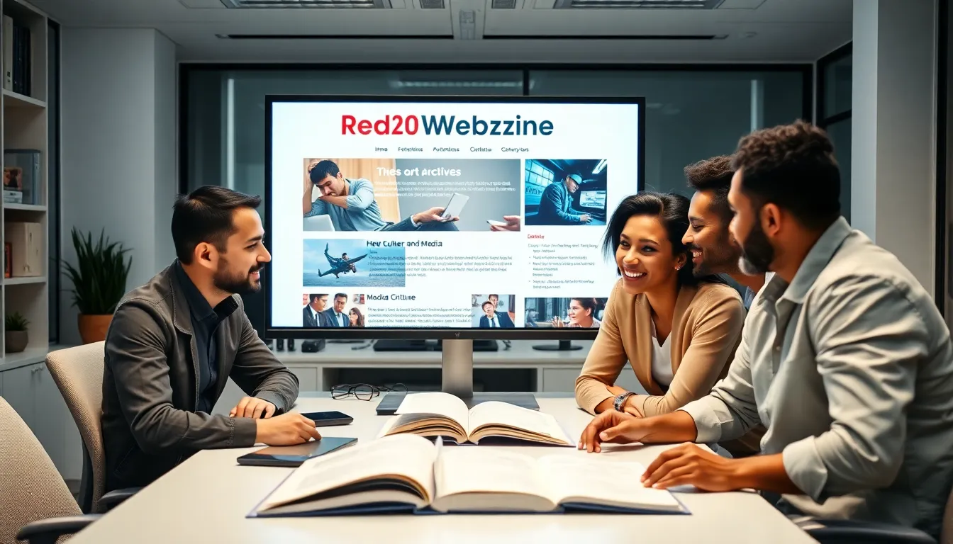 diverse professionals discussing the RedWebzine entertainment archives.