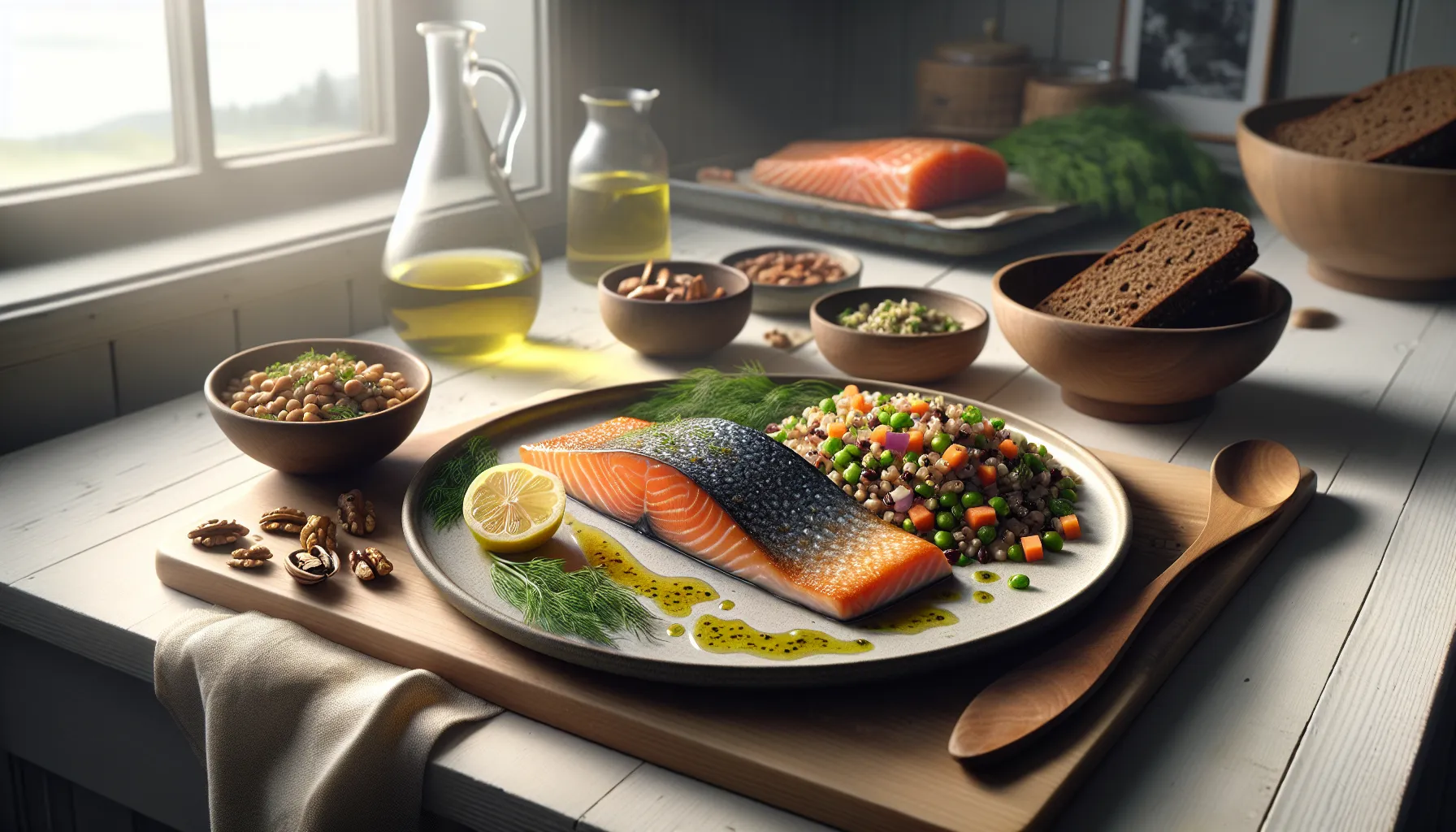 Norwegian plate with salmon, barley-lentil salad, nuts, and rye crispbread.