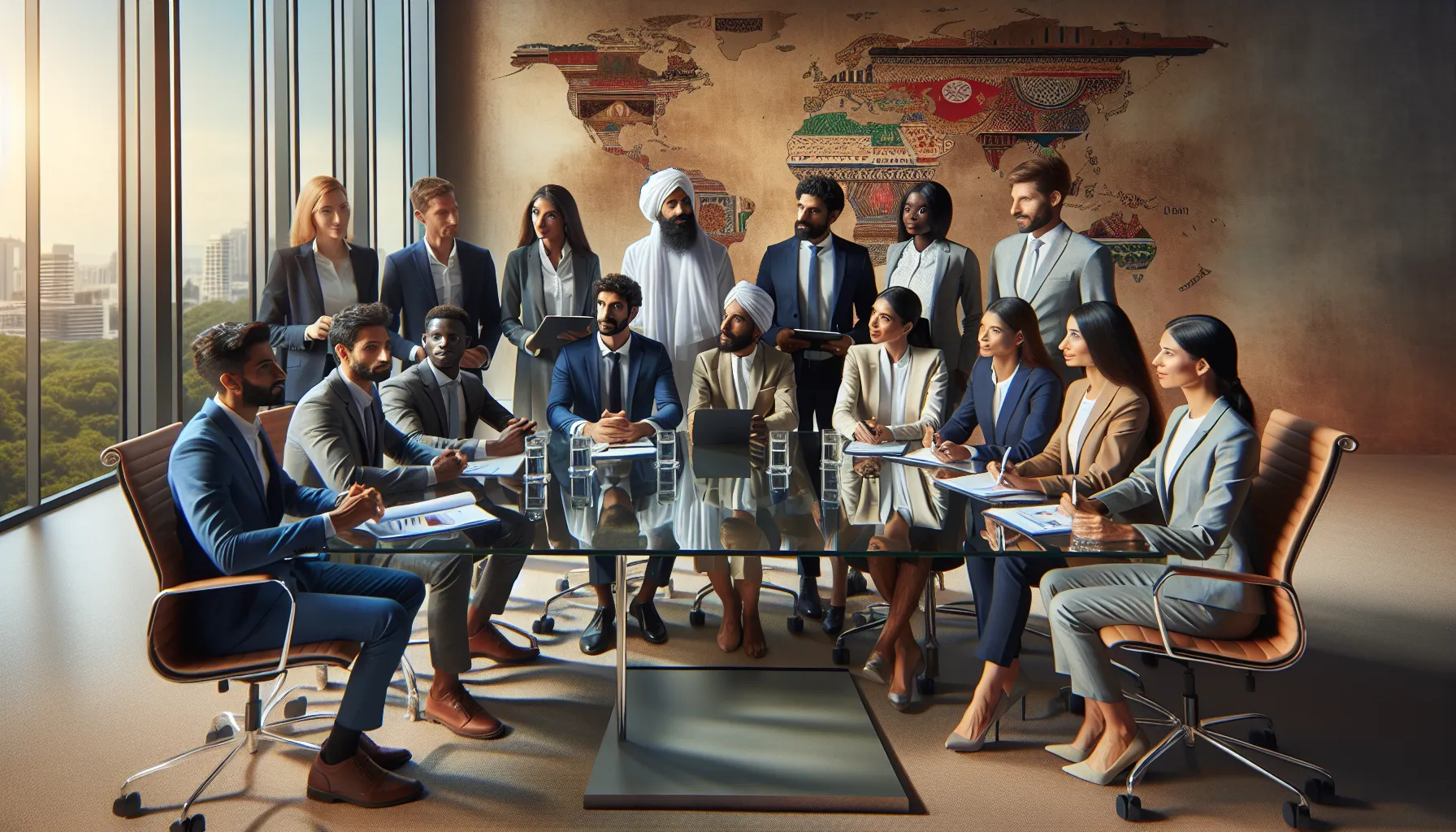 diverse professionals discussing cultural heritage in a modern office.